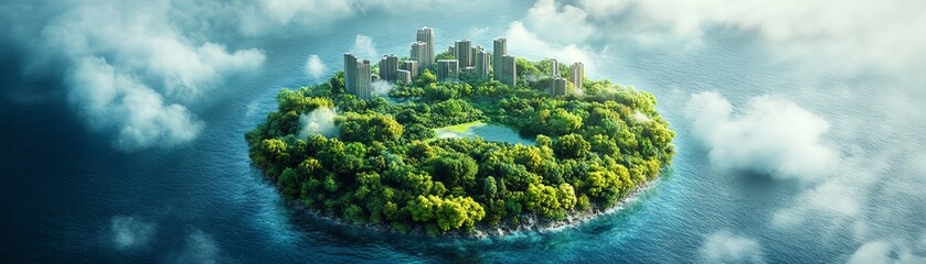 Fototapeta premium Zero emission island surrounded by water, digital illustration of a green, ecofriendly island in the center, symbolizing carbon neutrality and environmental balance