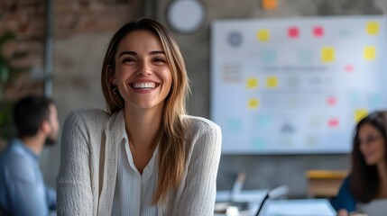 Fototapeta premium 85. A happy businesswoman from Brazil leading a startup meeting, brainstorming new product features with a smile.