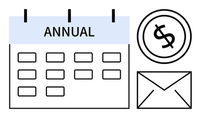 Annual calendar with grid layout, dollar sign, and envelope suggests financial planning, budgeting, and correspondence. Ideal for finance, deadlines, strategy, organization scheduling reminders