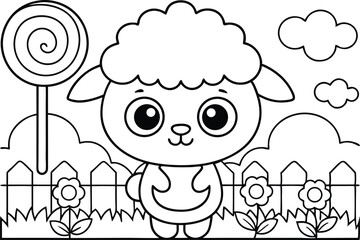 Cartoon Sheep with Lollipop and Garden, Outlined Black on Transparent Background