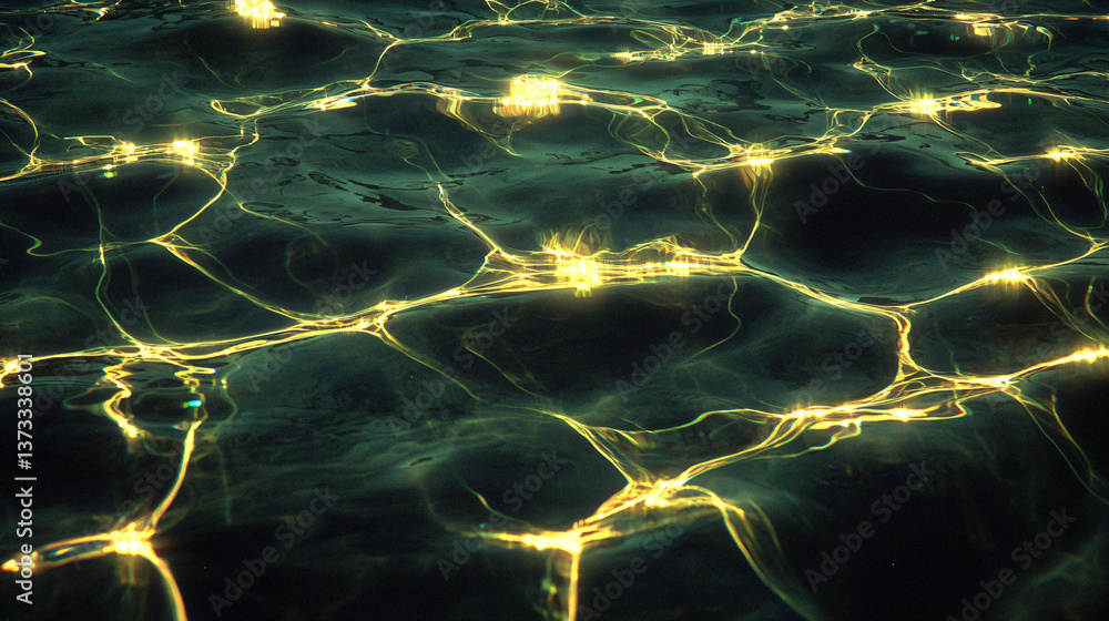 Poster water surface illuminated by bright light creating a beautiful display of reflections and shadows in