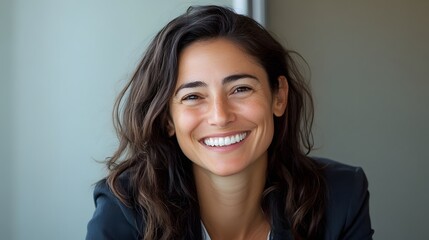 Fototapeta premium 96. A joyful Brazilian businesswoman leading a project meeting, smiling while inspiring creativity and progress.