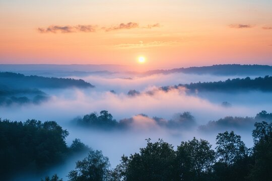 misty morning landscape at sunrise represents a peaceful and calm atmosphere symbolizing introspection awakening of nature and potential for new beginnings