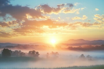 Obraz premium misty morning landscape at sunrise represents a peaceful and calm atmosphere symbolizing introspection awakening of nature and potential for new beginnings