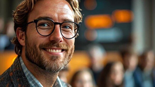 Smiling Educator: A close-up portrait of a smiling, bespectacled educator radiating approachability. The man's warm gaze suggests expertise and a passion for sharing knowledge.