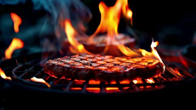 Juicy burger patties sizzling on flaming grill with smoke and fire &ndash; dynamic food animation background for BBQ videos, summer cookout scenes, grilling ads, or culinary motion graphic content