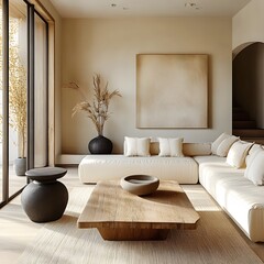 Boho, japandi home interior design of modern living room with light tones, centered on natural materials, and featuring soft, neutral decor accents.

