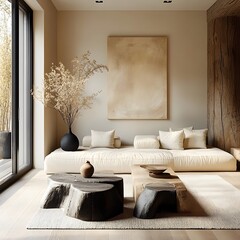 Boho, japandi home interior design of modern living room with light tones, centered on natural materials, and featuring soft, neutral decor accents.

