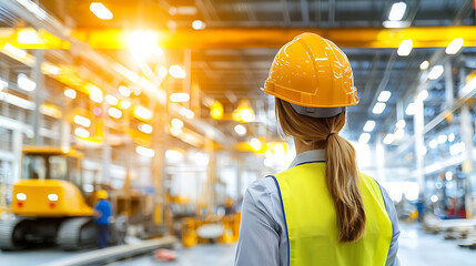 Construction worker observing operations in industrial warehouse safety gear bright environment perspective analysis