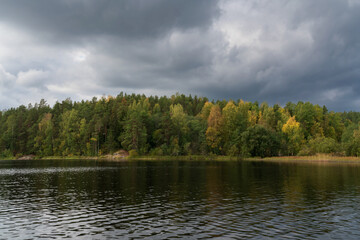 Lake Ladoga near the village Lumivaara on a sunny autumn day, Ladoga skerries, Lakhdenpokhya, Republic of Karelia, Russia