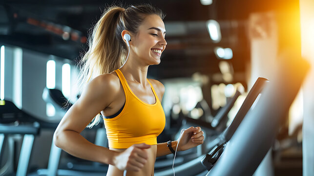 Energetic young woman running on treadmill at a modern gym fitness enthusiasm indoor environment motivational concept