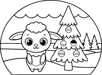 Cartoon Lamb with Christmas Tree on Transparent Background
