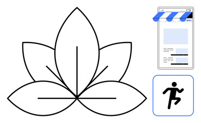 Lotus flower symbolizing balance, online storefront representing digital shop, runner icon suggesting fitness. Ideal for health, wellness, fitness, ecommerce, mindfulness balance progress. Flat