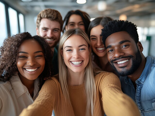 fun scene of diverse group of colleagues smiling together in office setting, showcasing joy and camaraderie. Their expressions reflect happiness and teamwork