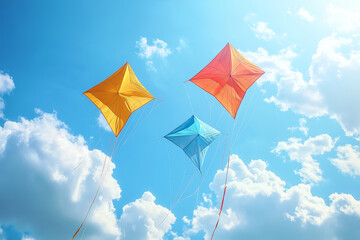 Colorful kites soaring in bright blue sky with fluffy clouds create joyful scene. vibrant orange, red, and blue kites dance in gentle breeze, evoking sense of freedom and playfulness