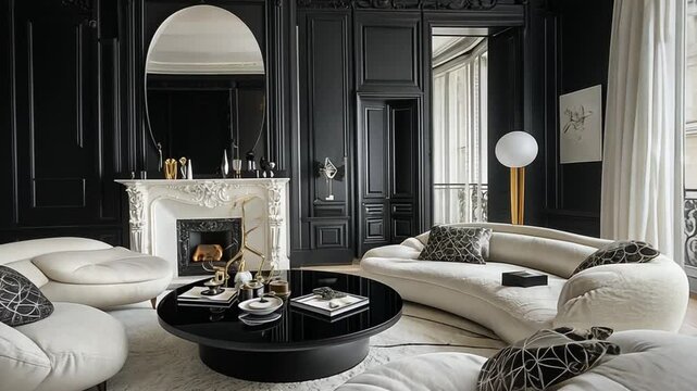 Parisian luxury living room, ornate fireplace, curved sofas, city view
