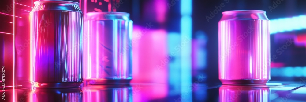Poster futuristic neon-lit energy drink display with stacked cans in a cyberpunk-inspired setting at night