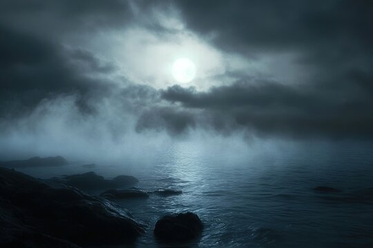 Creates a haunting and enigmatic ambiance in a lagoon featuring foggy waters moonlight piercing through ominous clouds and a feeling of a supernatural presence