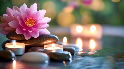 42. A relaxing reflexology session on a young woman is feet in a spa with calming elements like candles, stones, and soft lighting