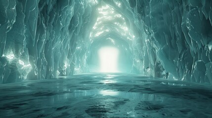 Obraz premium Ice Cave: A 3D ice cave with soft lighting, translucent ice walls, and shimmering reflections, creating a fantastical, otherworldly frozen landscape. 