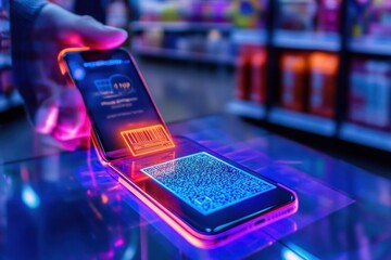 Futuristic digital checkout process with smartphone scanning QR code amidst glowing augmented reality interface in a retail environment
