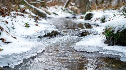 Frozen Stream: Winter’s touch partially freezes a small stream, with ice covering parts of the water, creating a delicate balance between flowing movement and stillness.

