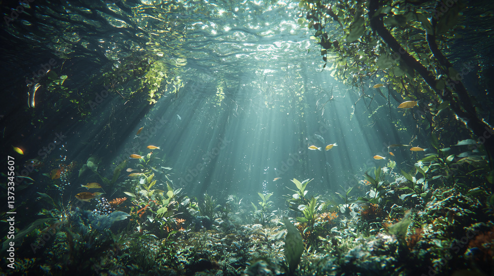 Poster serene forest scene with sunlight streaming through the leaves creating beautiful patterns of light 