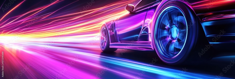 Fototapete glowing car wheel creating a vibrant trail in abstract neon colors at high speed in a dynamic urban 