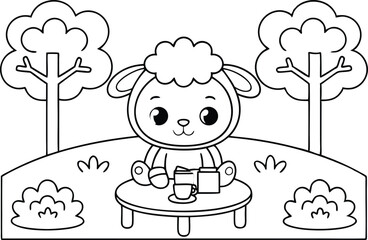 Line Art Fluffy Sheep on Landscape with Table, Cup, Trees and Bushes