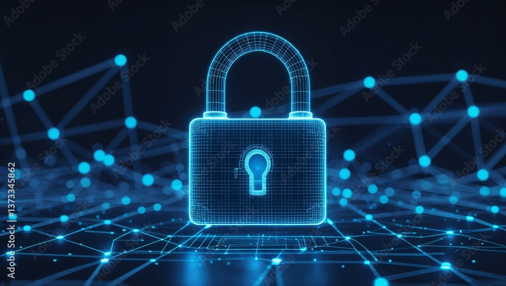 Poster digital padlock with glowing mesh - symbol of cybersecurity