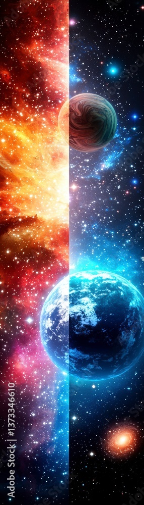 Poster cosmic collision celestial bodies and earth digital art outer space abstract view galactic concepts