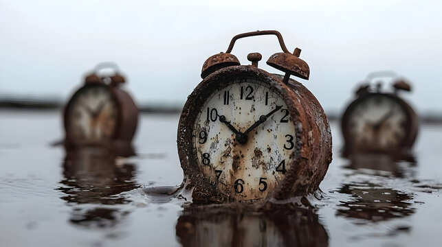 Three Rusty Alarm Clocks Submerged in Dark Water