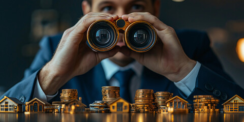 investment Real Estate vision forecast in world economy concept businessman Put on a suit trader look through binocular