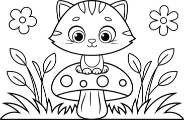 Cute Cartoon Cat Sitting on Mushroom Surrounded by Flowers, Black and White Line Art