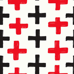 Obraz premium Bold red and black cross pattern on white background, creating seamless abstract design