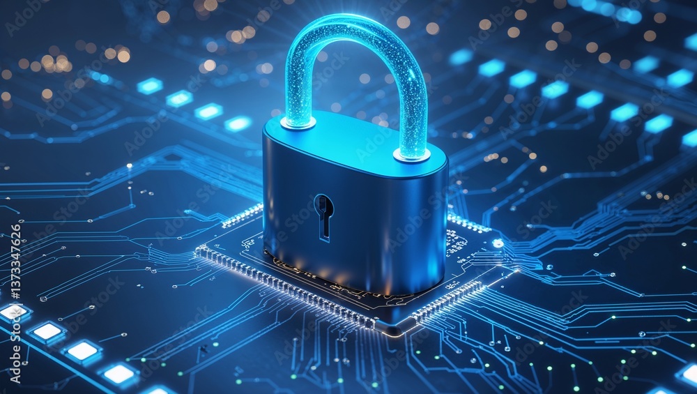 Aufkleber padlock on circuit board,cybersecurity and privacy concepts to protect data.