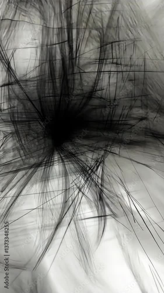 Poster artistic black abstract design featuring intricate lines and textures created through a bold monochr
