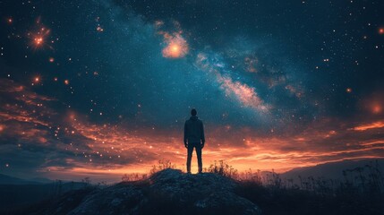 Fototapeta premium silhouette of man standing on mountain and night sky with shooting star alone concept