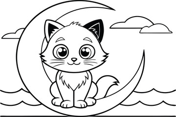 Cartoon Outline Cat Sitting on Moon with Transparent Background, Clouds & Waves