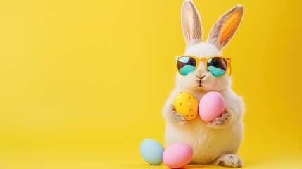 Playful Easter bunny in vibrant sunglasses holding pastel eggs on a bright yellow backdrop with space for text. Perfect for festive ads, cards, and spring campaigns