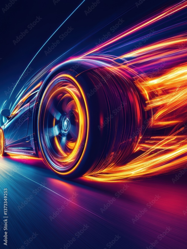 Poster glowing car wheel creates vibrant gasoline trail in high-speed motion at nighttime in a dynamic abst