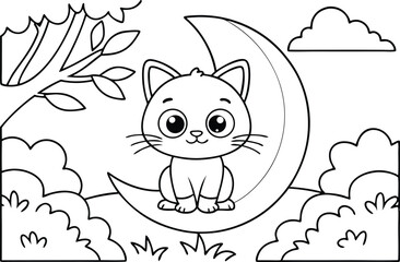 Outlined Cute Kitten on Moon Crescent Surrounded by Natural Landscape Elements