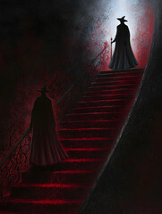 Two Cloaked Figures Ascending a Red Staircase at Night