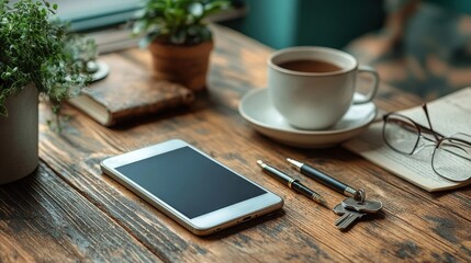 smartphone and stationery on wood table smartphone pen keys glasses cup and notebook