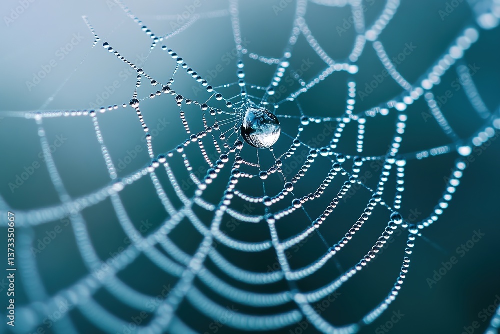 Wall mural highlights detailed craftsmanship of a spiderweb embellished with a droplet of dew displaying delica