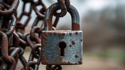 Rusty Padlock on Metal Chain