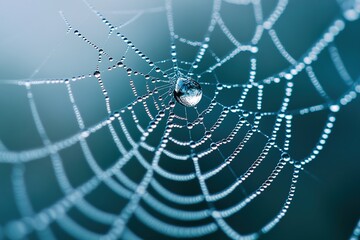 Naklejka premium Highlights detailed craftsmanship of a spiderweb embellished with a droplet of dew displaying delicate threads shimmering droplet and harmonious partnership between spider and its environment