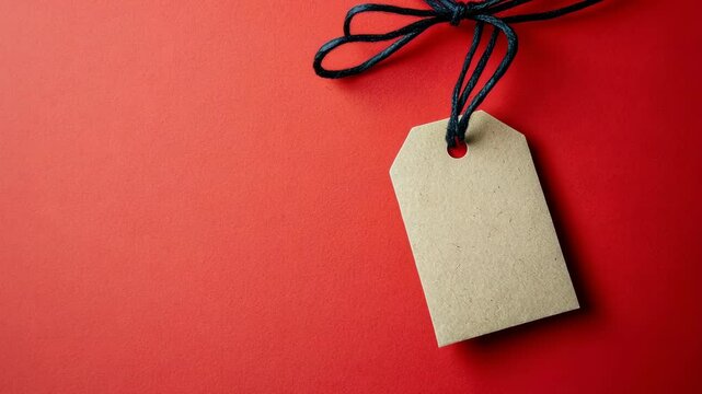 Simple brown tag on a vibrant red background ready for labeling gifts or products in a creative setting