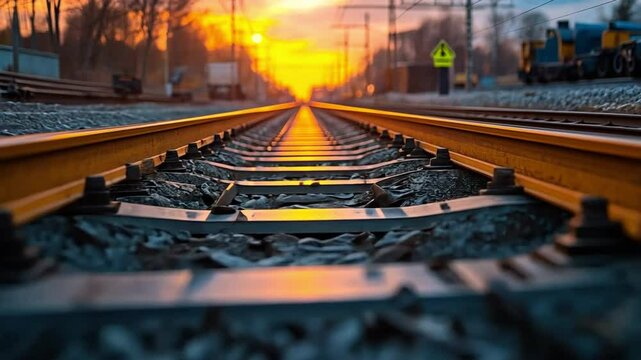 Journey's End: The sun setting over a network of railway tracks, the rails disappearing into the distance as if leading towards an adventure.