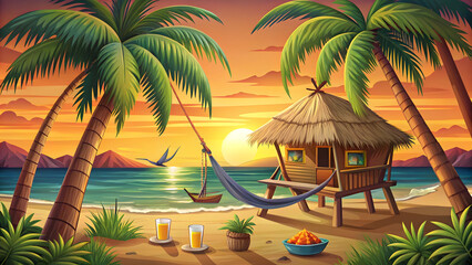 A tropical beach scene with palm trees, a hut, hammock, drinks, and a vibrant sunset background